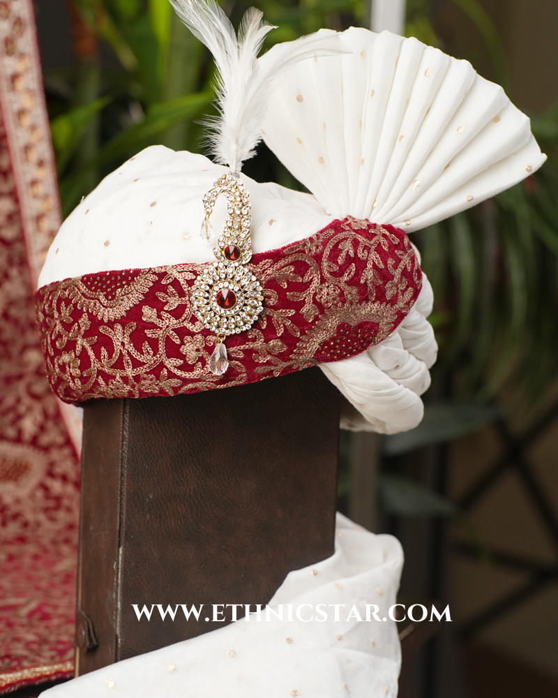 Off White And Red Embroidered Turban And Dupatta Set